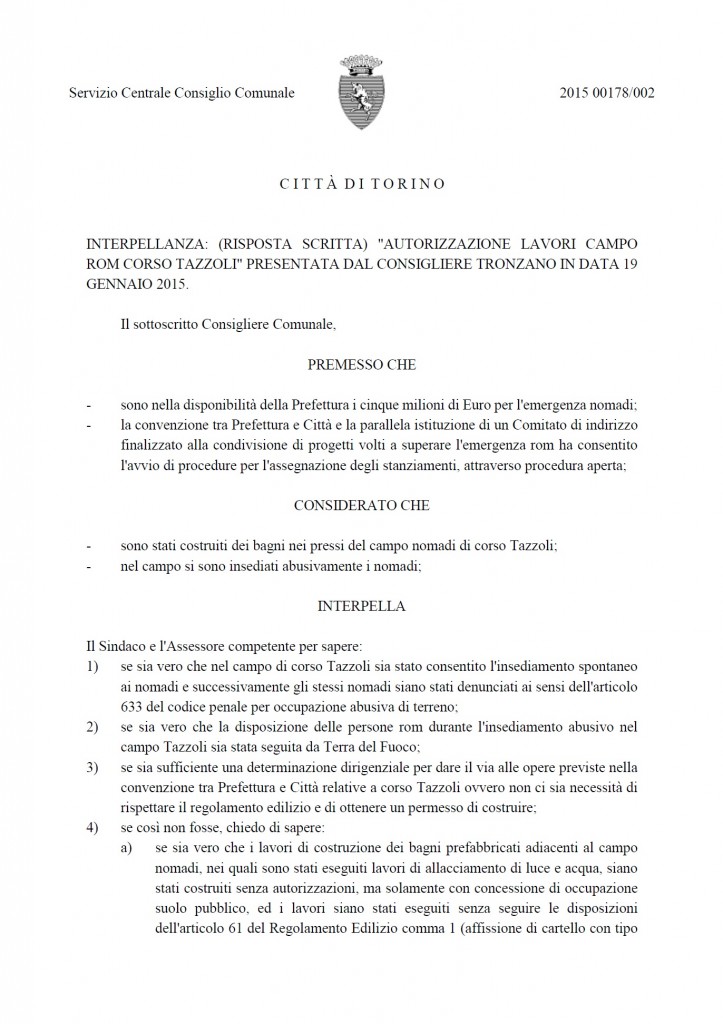 19.01.15_Interpellanza_Lavori campo rom Tazzoli